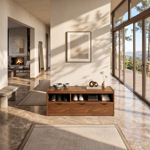 Modern Solid Wood Shoe Cabinet with Open Cubbies and Three Storage Drawers