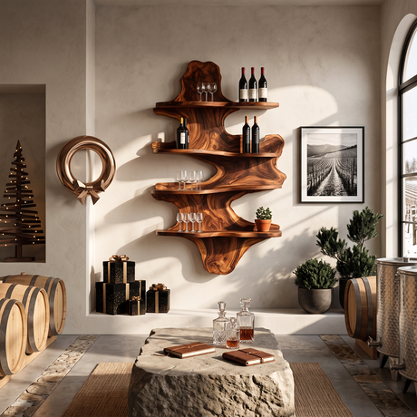 Cascading Solid Wood Wall Wine Rack with Four Sculptural Display Shelves
