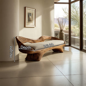 Handcrafted Organic Solid Wood Bench with Cushion Sculptural Modern Seating