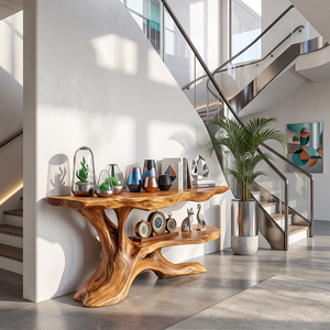 Handcrafted Live Edge Console Table with Sculptural Branch Base and Display Shelf