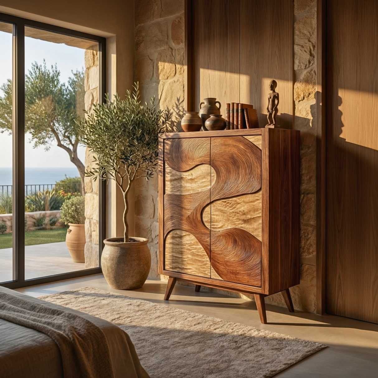 Solid Wood Sideboard with Organic River Flow Sculptural Doors for Contemporary Interiors
