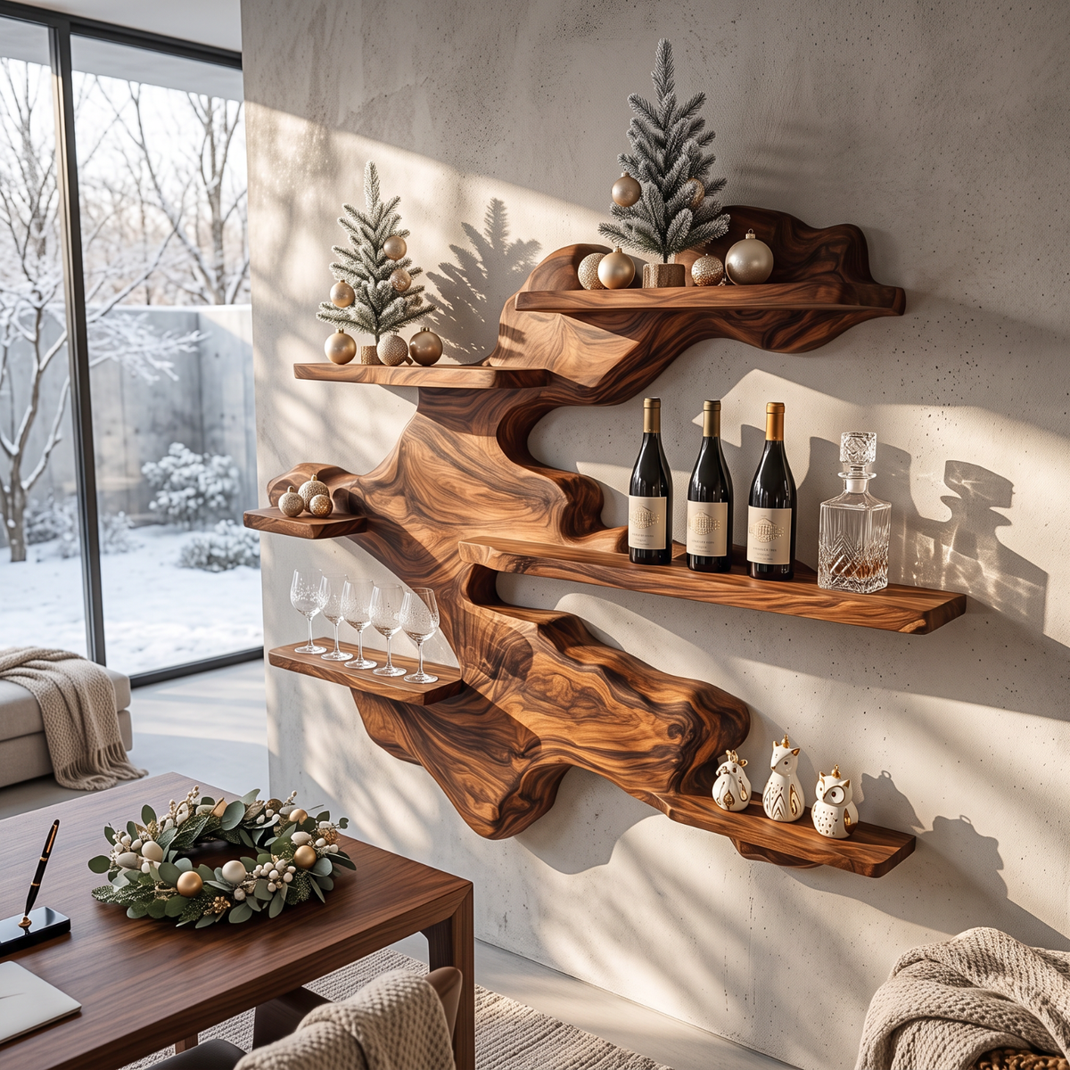 Sculptural Solid Wood Wall Mounted Wine Rack with Staggered Display Shelves