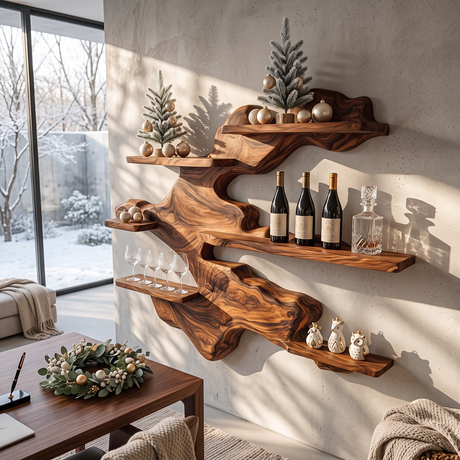 Sculptural Solid Wood Wall Mounted Wine Rack with Staggered Display Shelves