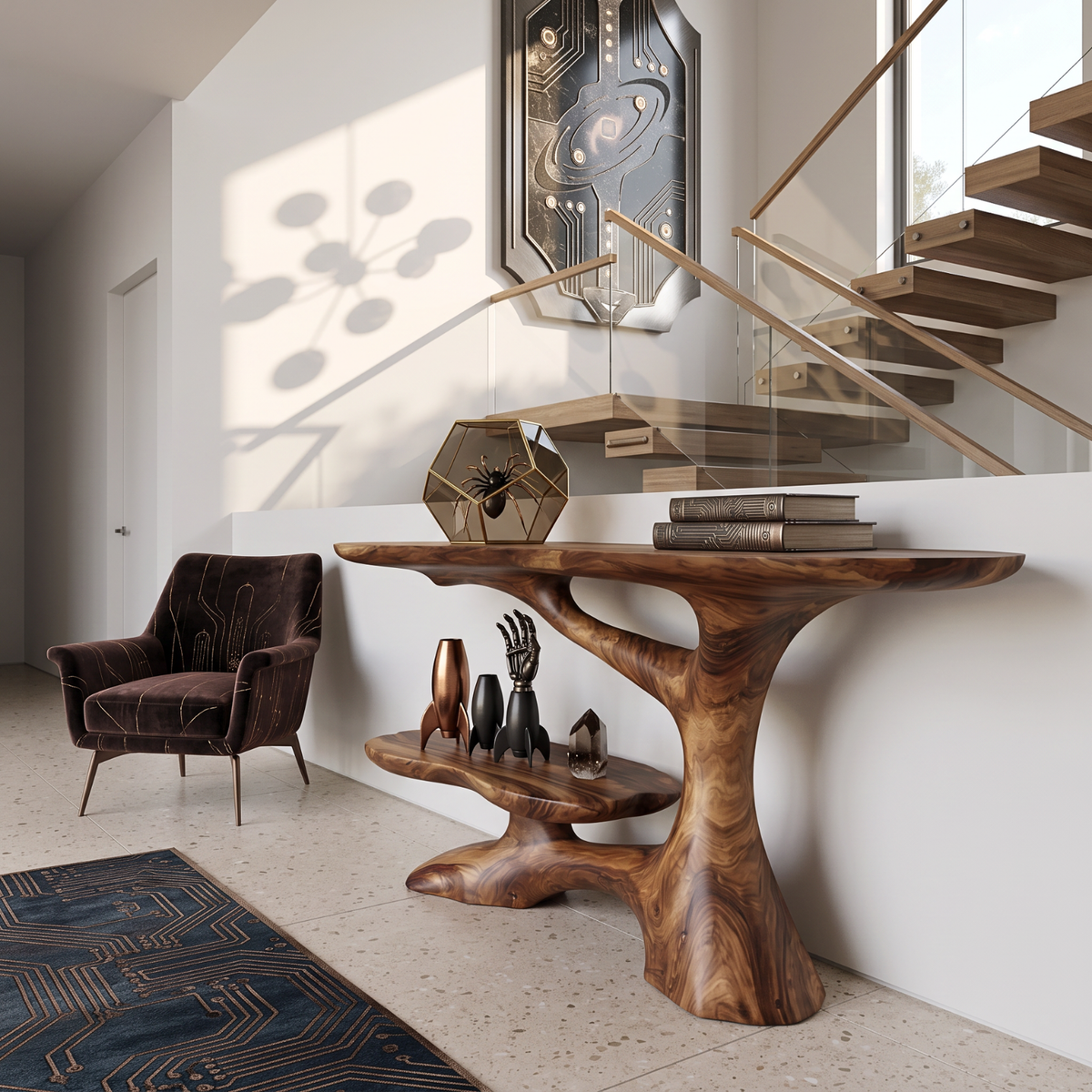 Handcrafted Solid Wood Console Table with Sculptural Branch Base and Floating Shelf