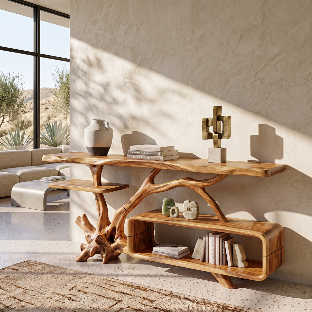 Console Table Solid Wood with Sculptural Branch Base and Open Storage Shelf