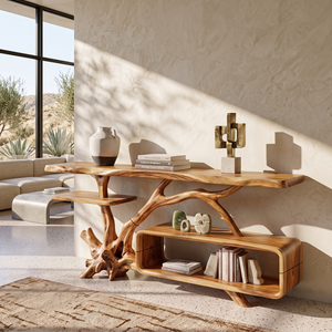 Console Table Solid Wood with Sculptural Branch Base and Open Storage Shelf