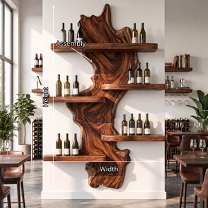 Wall Mounted Wine Rack Solid Wood with Sculptural Live Edge Center and Display Shelves