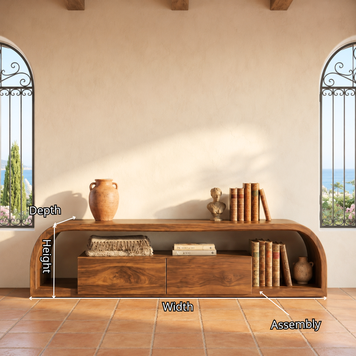 TV Console Solid Wood with Rounded Frame and Cabinet Storage for Living Room