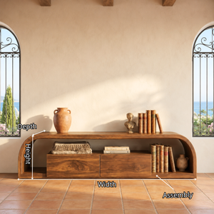 TV Console Solid Wood with Rounded Frame and Cabinet Storage for Living Room