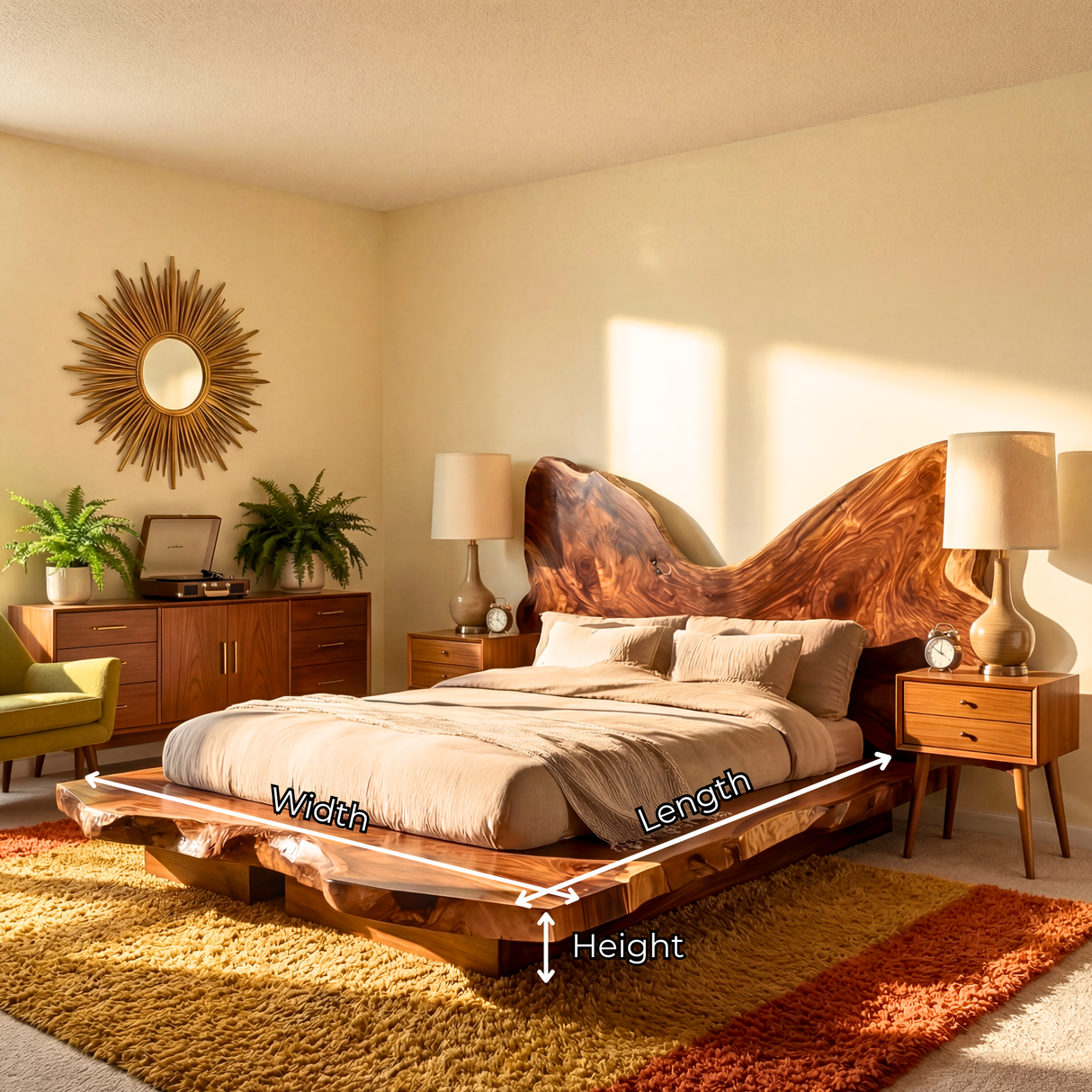 Organic Edge Solid Wood Bed with Sculpted Natural Headboard