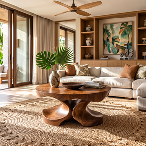 Coffee Table Solid Wood with Sculptural Four-Lobed Pedestal Base for Living Room