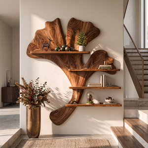 Ginkgo Leaf Solid Wood Wall Shelf with Sculptural Branch Display Design