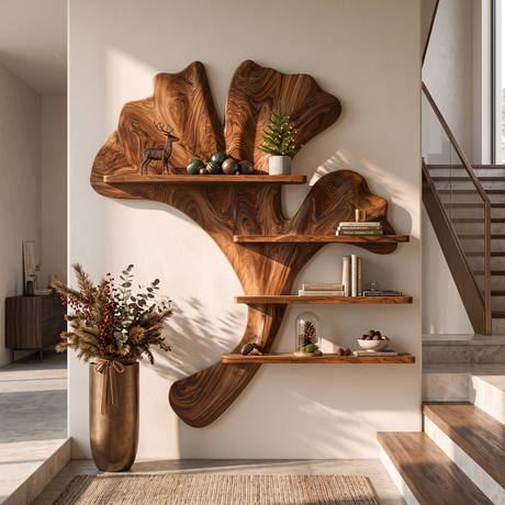 Ginkgo Leaf Solid Wood Wall Shelf with Sculptural Branch Display Design