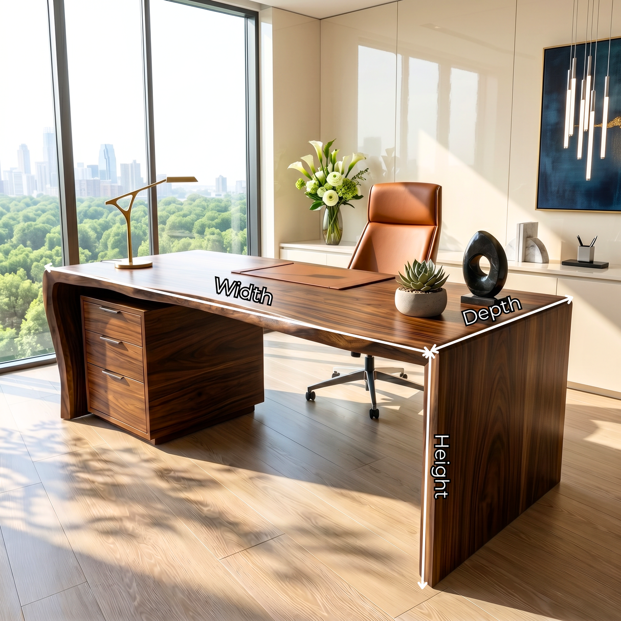 Organic Solid Wood Desk with Curved Edge and Drawer Storage