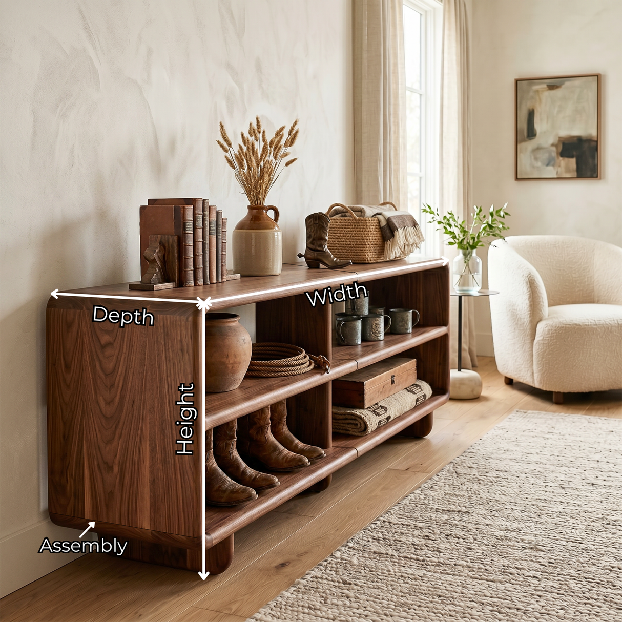 Solid Wood Open Shelf Sideboard with Rounded Edge Storage Design