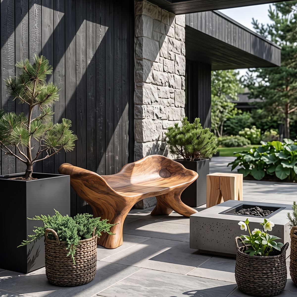 Curved Solid Wood Outdoor Bench with Sculptural Wing Backrest