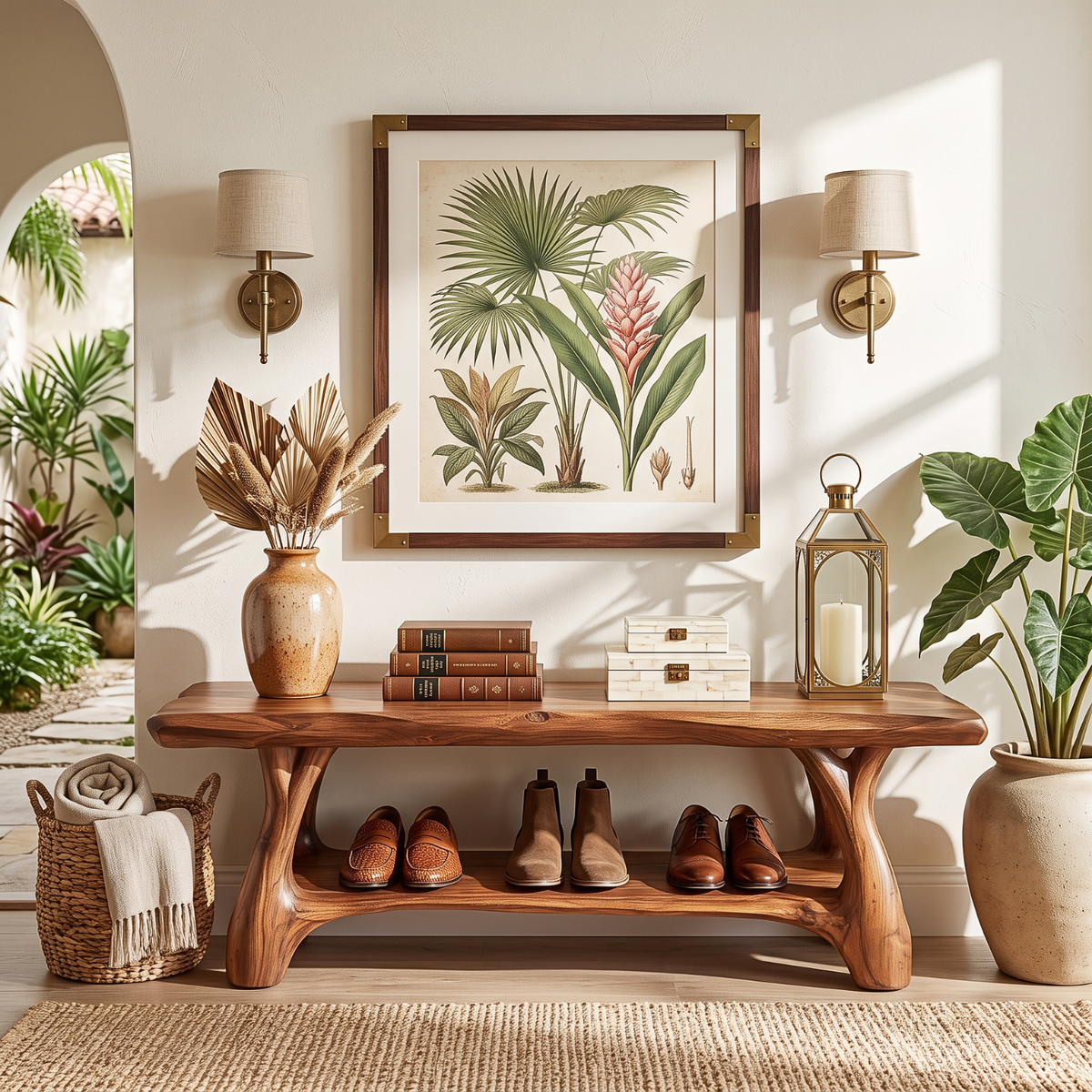 Organic Solid Wood Shoe Bench with Sculptural Legs and Open Shelf