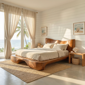 Organic Curve Solid Wood Bed with Artistic Headboard