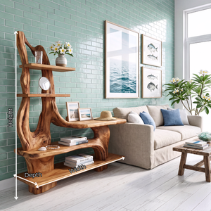 Artistic Solid Wood Console Table with Sculptural Base and Tiered Display Shelves Organic Freeform Console Table
