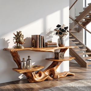 Sculptural Solid Wood Console Table with Tiered Shelves and Organic Root Base