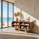 Rounded Solid Wood Sideboard with Open Shelving, Organic Modern Storage Console