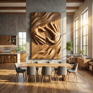 Handcrafted Solid Wood Wall Sculpture with Connected Hands and Flowing Grain Landscape