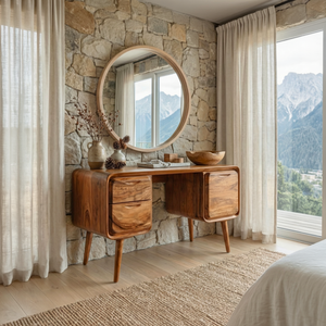 Rounded Solid Wood Vanity Table with Dual Side Drawers, Modern Dressing Table for Bedroom