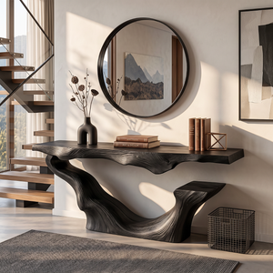 Organic Solid Wood Console Table with Sculptural Floating Curve Base