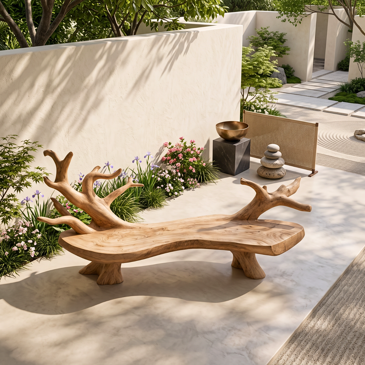 Outdoor Solid Wood Bench with Sculptural Branch Backrest