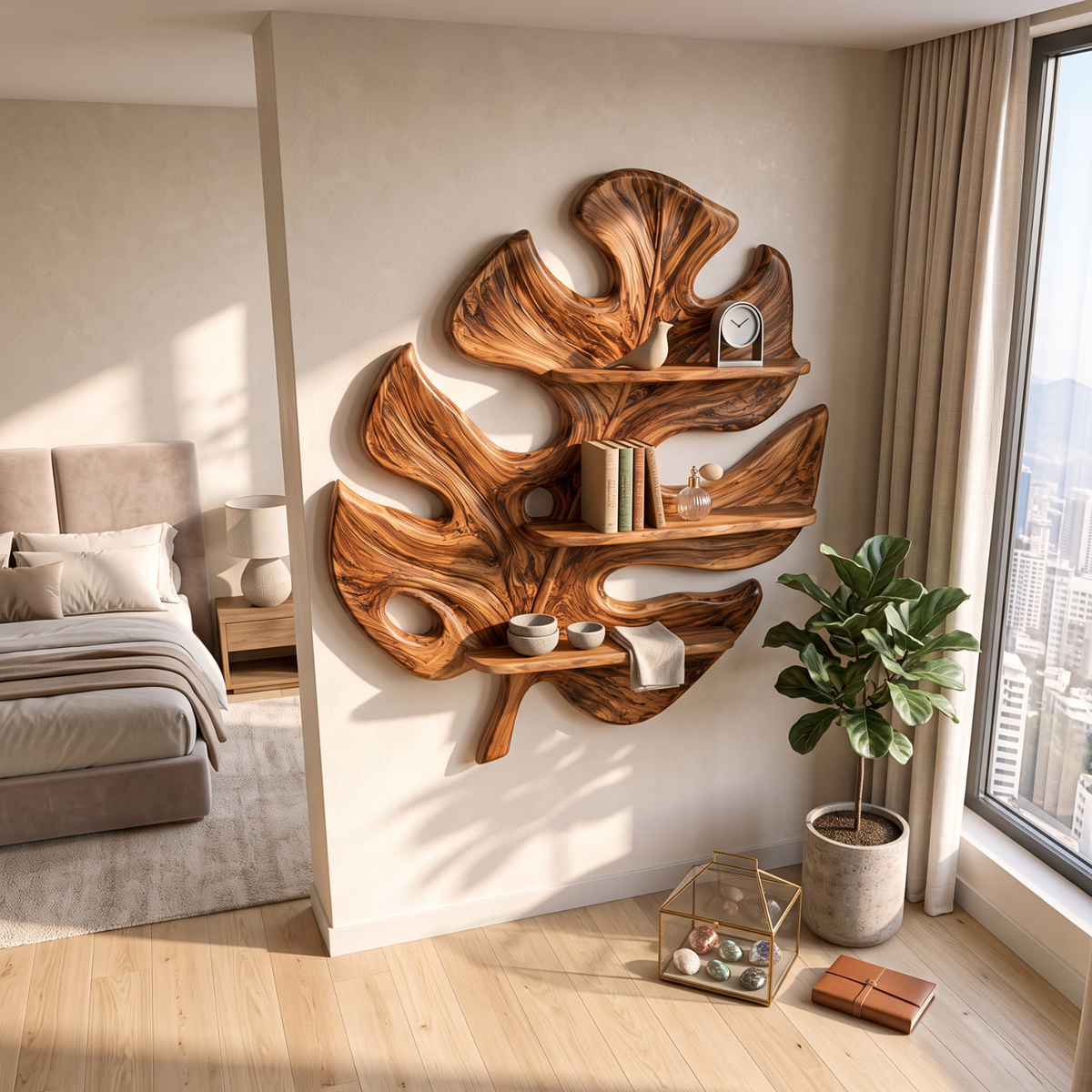 Tropical Leaf Solid Wood Wall Shelf with Sculptural Botanical Design