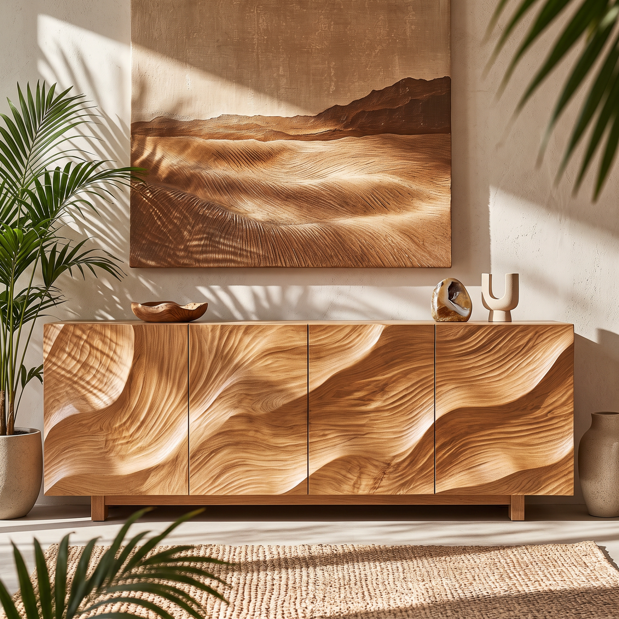 Sideboard Solid Wood with Sculptural Sand Dune Relief Doors