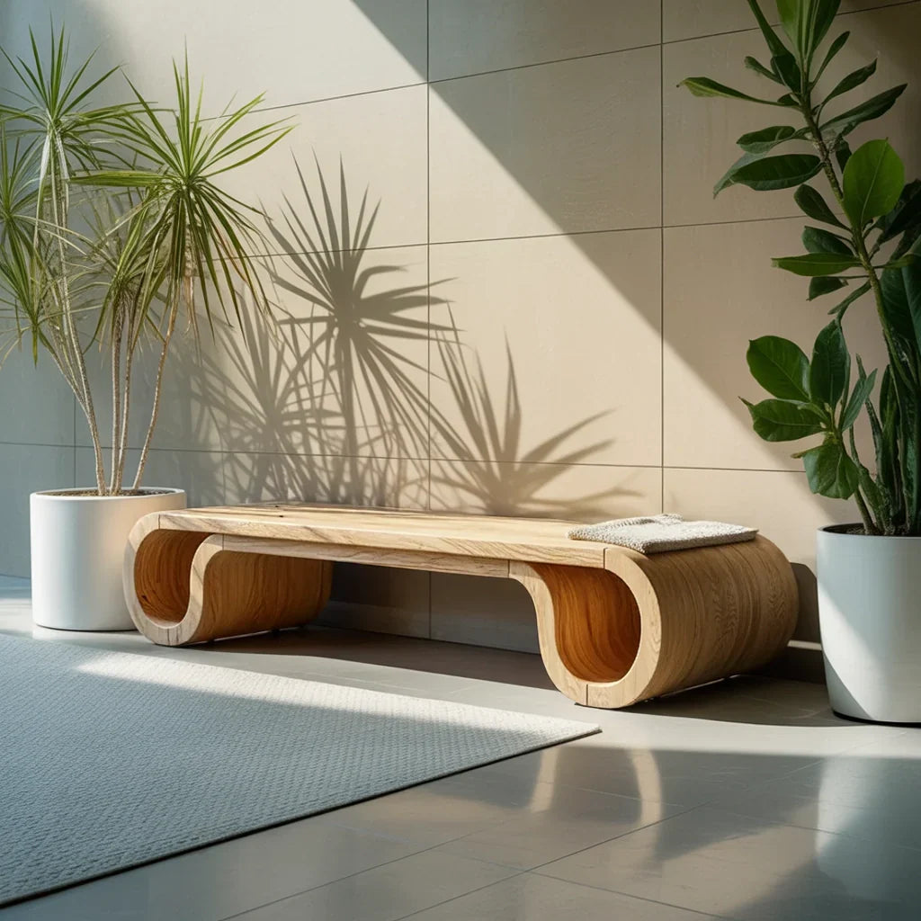 Curved Solid Wood Bench with Double Loop Ends for Modern Entryway