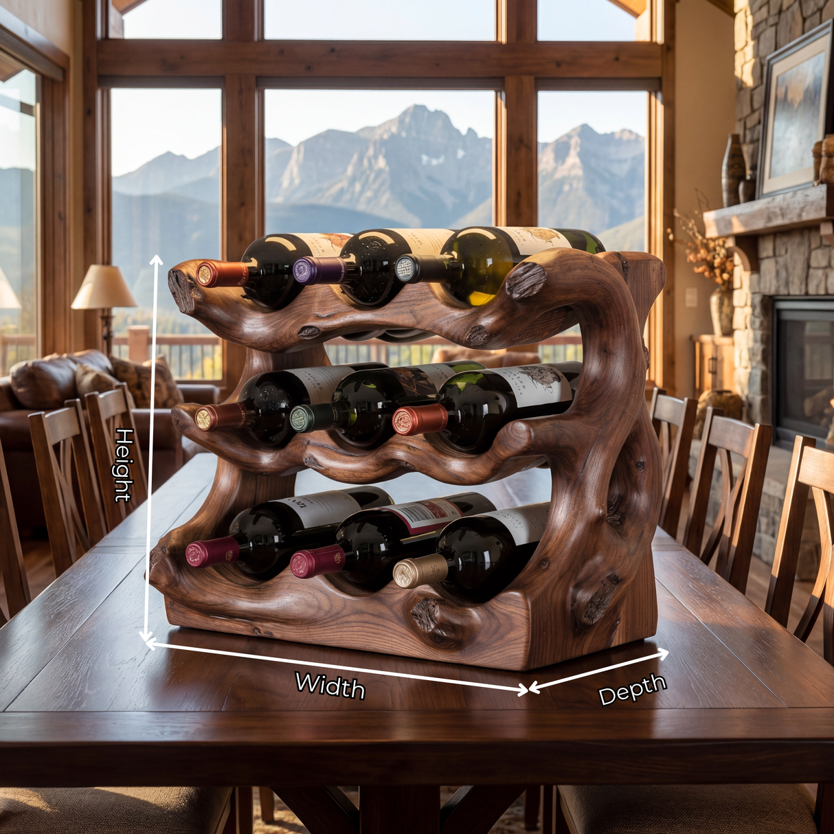 Rustic Solid Wood Wine Rack Natural Edge Bottle Holder Multi Tier Dining Table Display