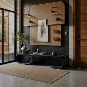 Sculptural Solid Wood Bench with Oval Loop End for Modern Entryway