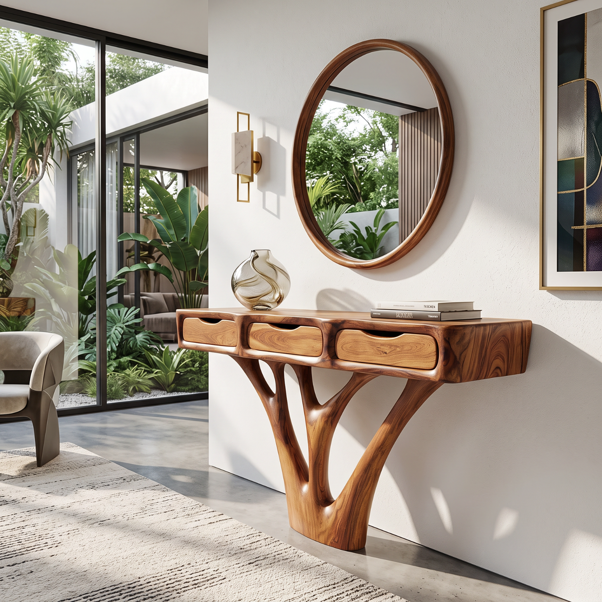 Console Table Solid Wood with Three Drawers and Sculptural Branch Base