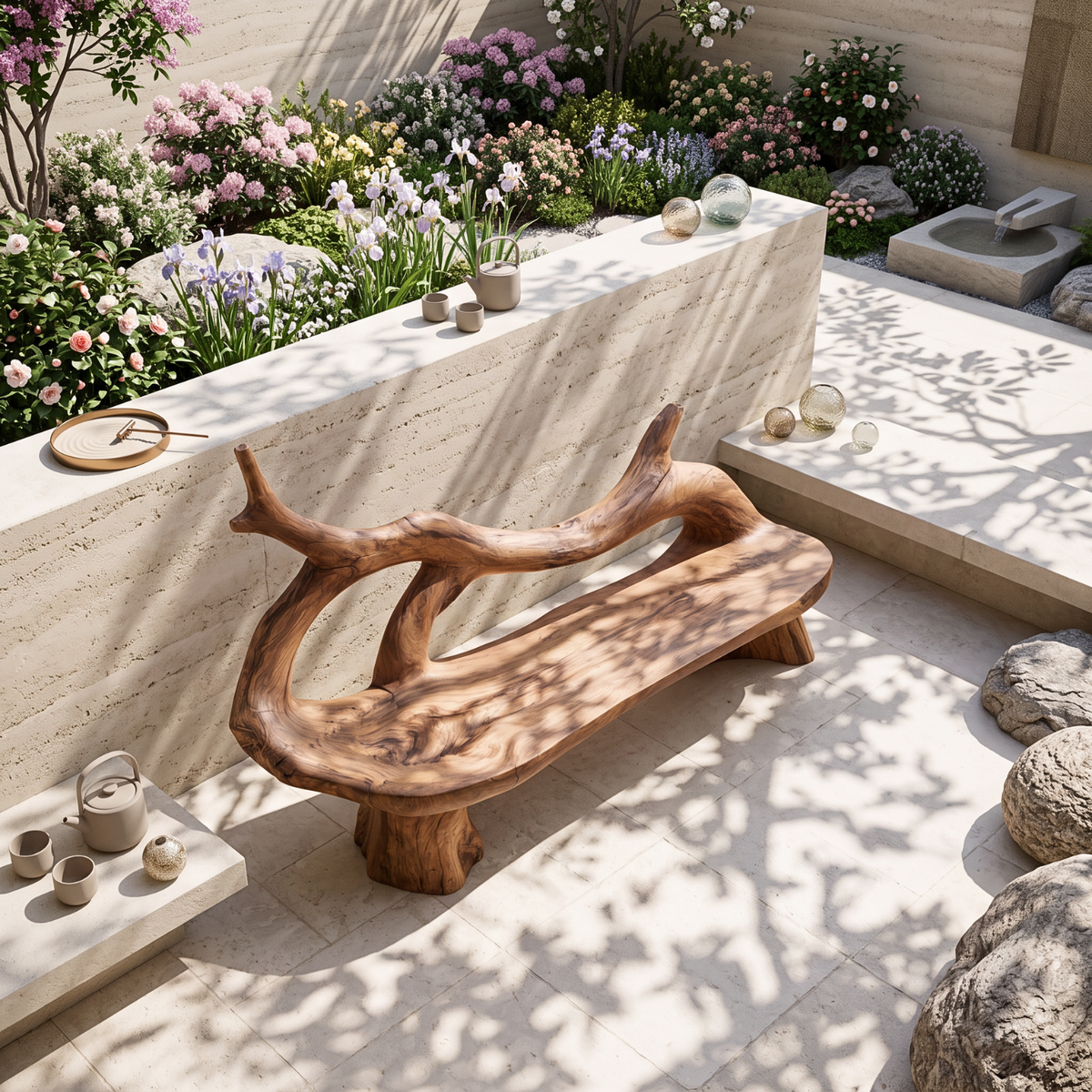 Organic Solid Wood Bench with Flowing Branch Backrest and Sculptural Base