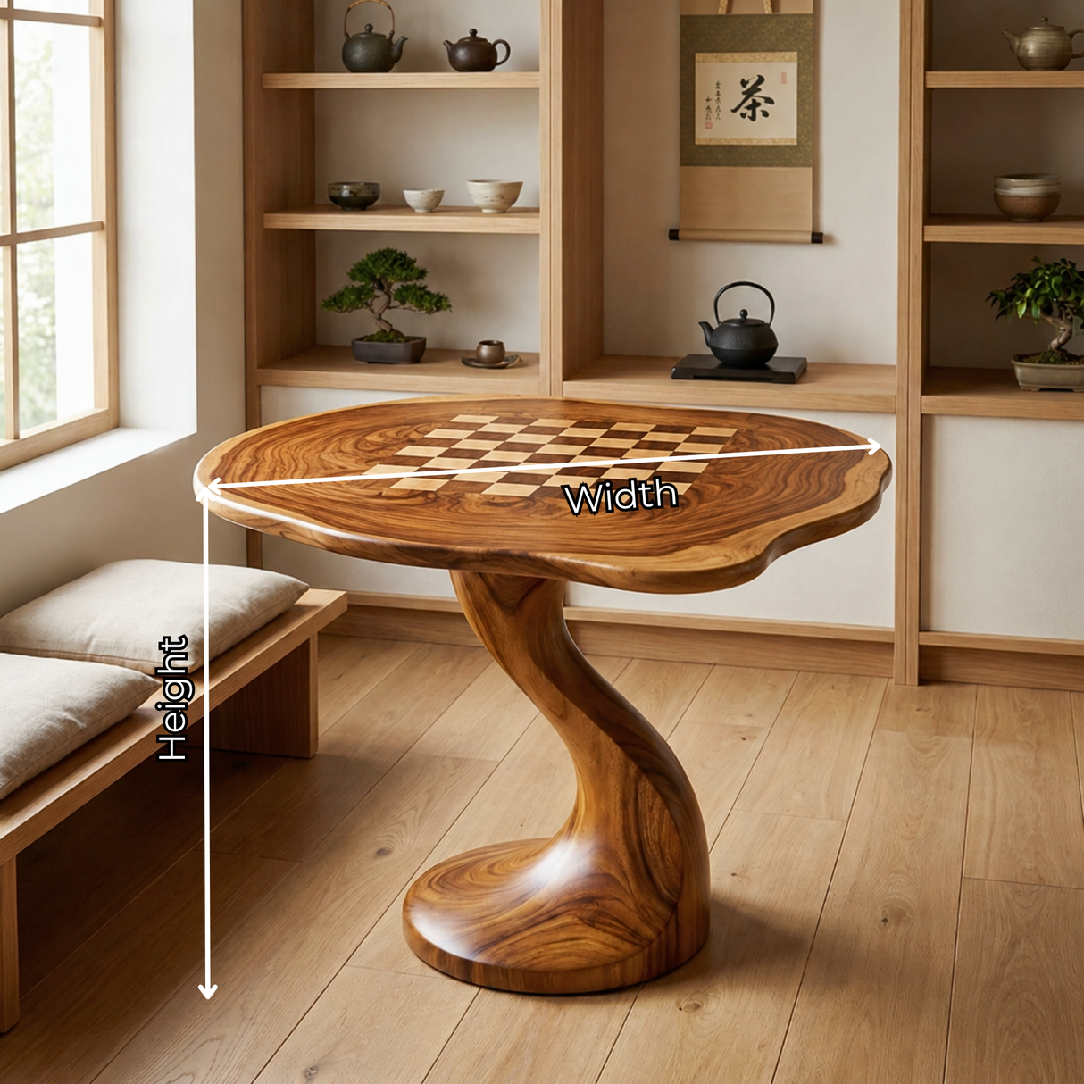 Handcrafted Solid Wood Chess Table with Organic Round Top and Curved Pedestal Base
