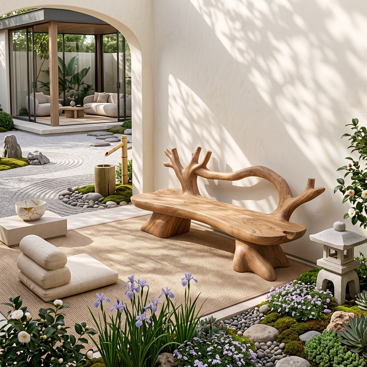 Organic Solid Wood Garden Bench with Sculptural Loop Backrest