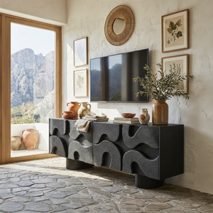 Solid Wood TV Cabinet with Sculptural Wave Relief Doors for Modern Interiors