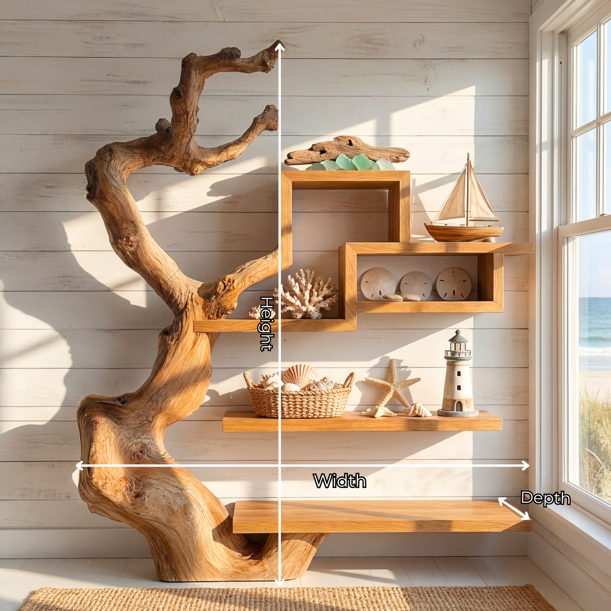 Organic Solid Wood Wall Bookshelf with Sculptural Tree Form Display Shelf