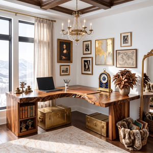 Live Edge Solid Wood L Shaped Desk with Built In Bookshelf Storage