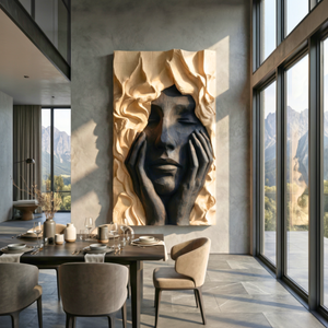 Handcrafted Solid Wood Wall Art Panel with Expressive Portrait Relief