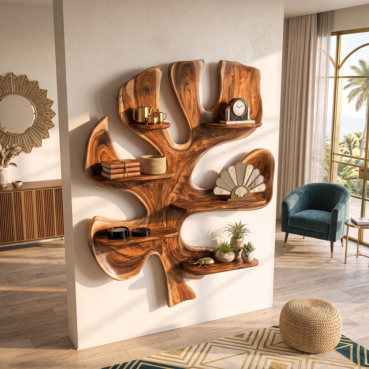 Solid Wood Tree Wall Shelf Sculpture, Organic Wall Mounted Display Shelf Decor
