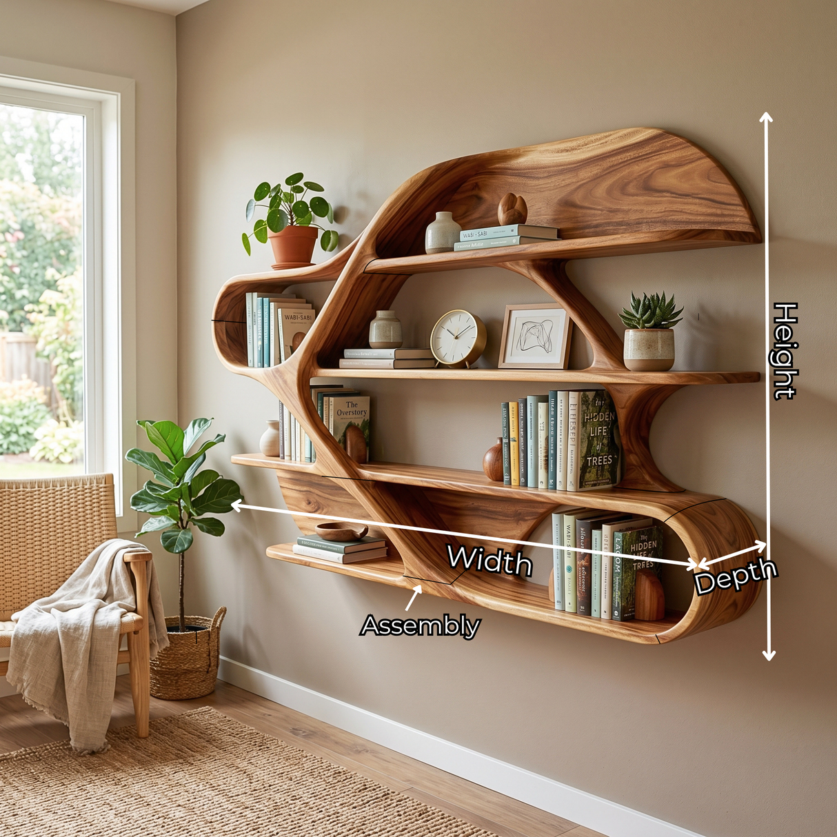 Organic Solid Wood Wall Bookshelf with Sculptural Open Shelves