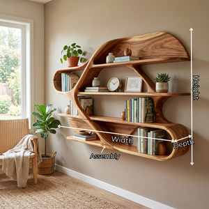 Organic Solid Wood Wall Bookshelf with Sculptural Open Shelves