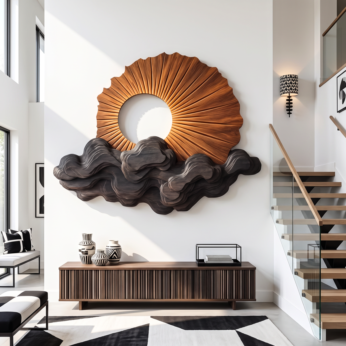 Wall Sculpture Solid Wood with Radiating Sun Design and Layered Dark Wave Clouds