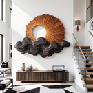 Wall Sculpture Solid Wood with Radiating Sun Design and Layered Dark Wave Clouds