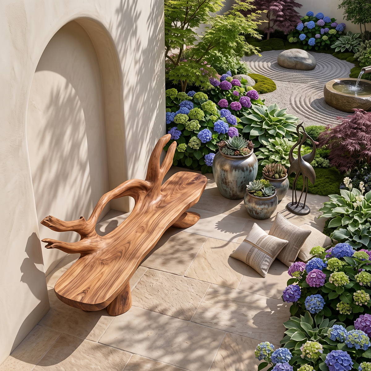 Organic Solid Wood Garden Bench with Sculptural Branch Backrest
