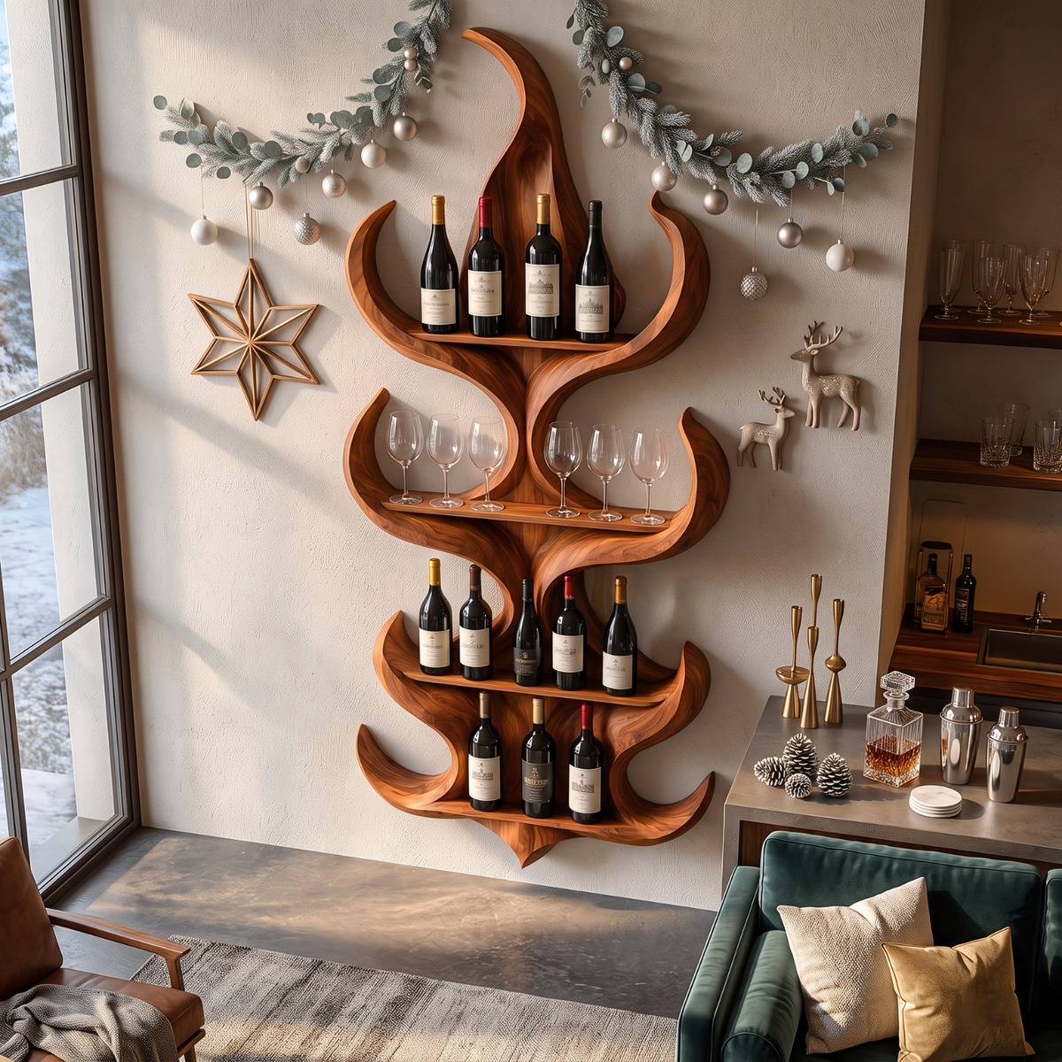 Flame Silhouette Solid Wood Wall Wine Rack with Four Display Tiers