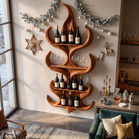 Flame Silhouette Solid Wood Wall Wine Rack with Four Display Tiers